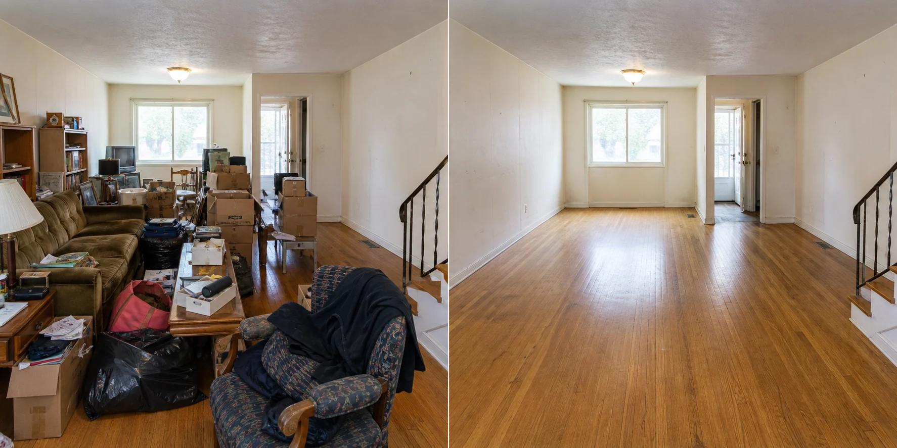 Illustrative before and after view of a heavily cluttered living and dining area completely cleared of unwanted household contents